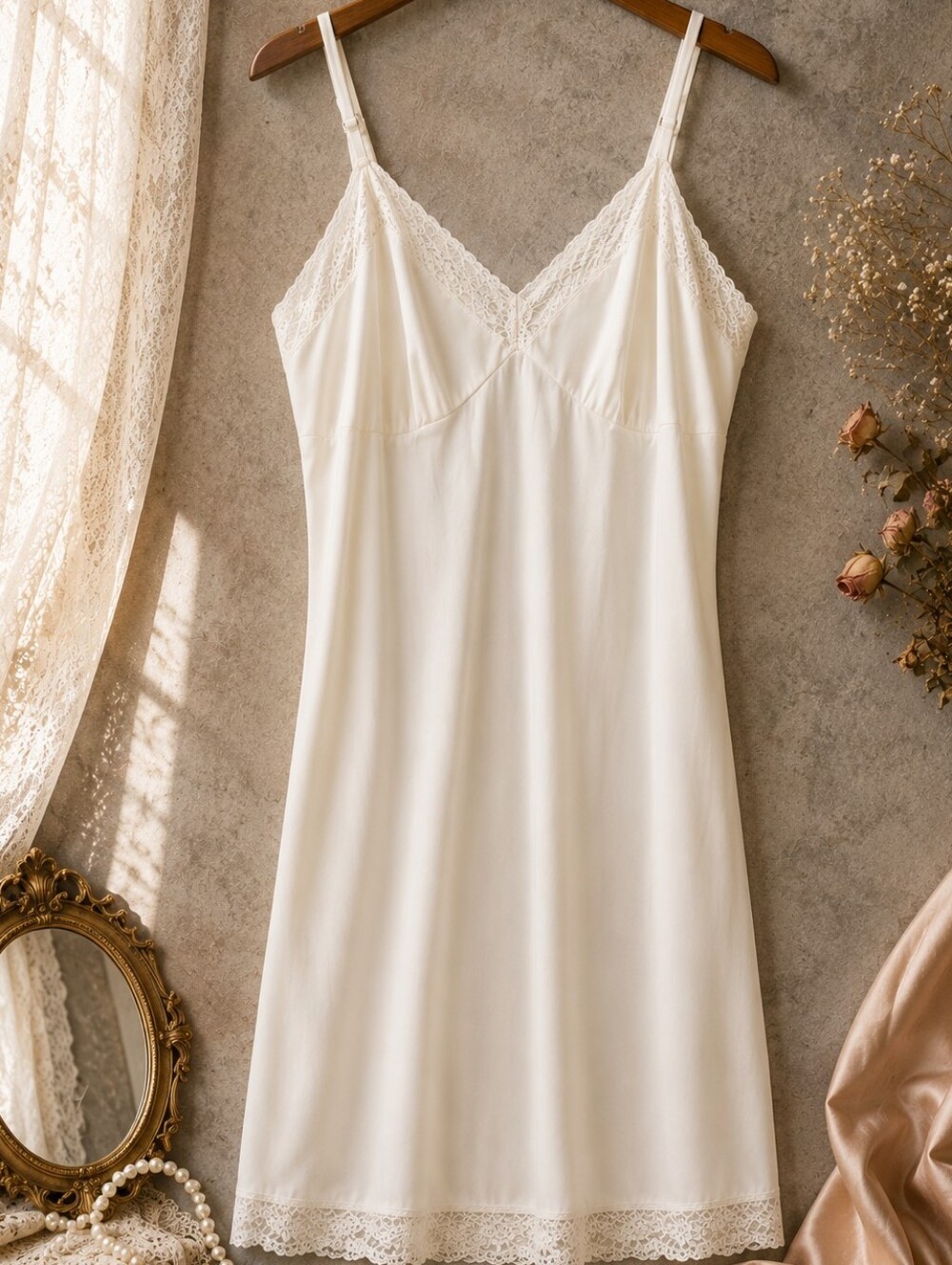 Vintage Vanity Fair Ivory Nylon Full Slip Lace Trim Romantic 36B
